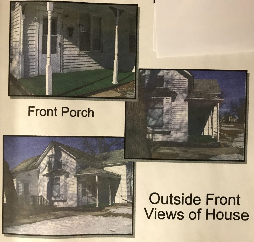 Pictures of a white house with a porch and snow on the ground